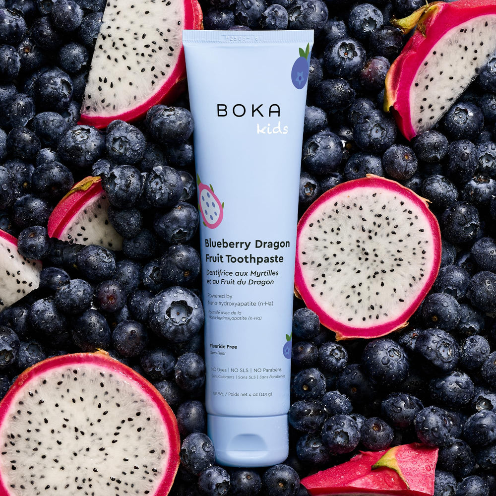 Front of Boka toothpaste tube highlighting nano hydroxyapatite and Blueberry Dragon Fruit flavor, 4 oz