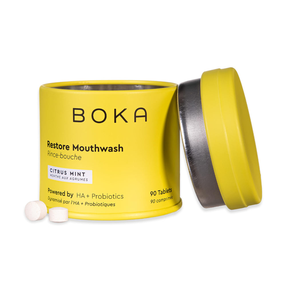Packaging for Boka travel size mouthwash tablets Citrus Mint