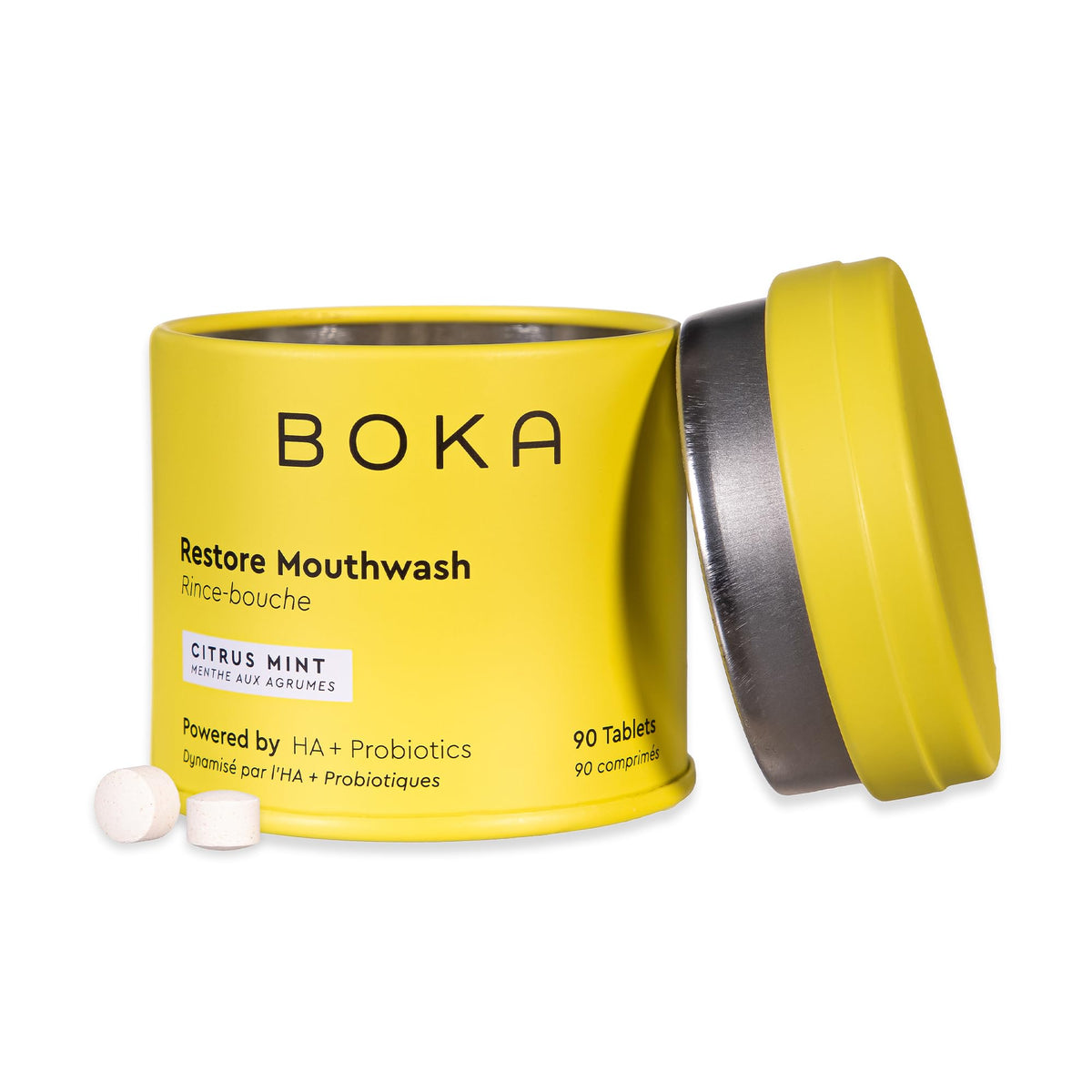 Packaging for Boka travel size mouthwash tablets Citrus Mint