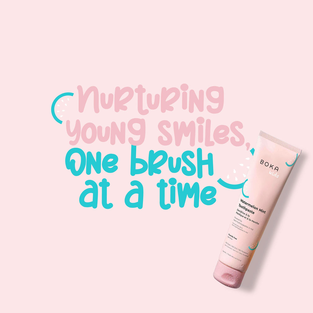 Boka Watermelon Mint toothpaste on a bathroom counter