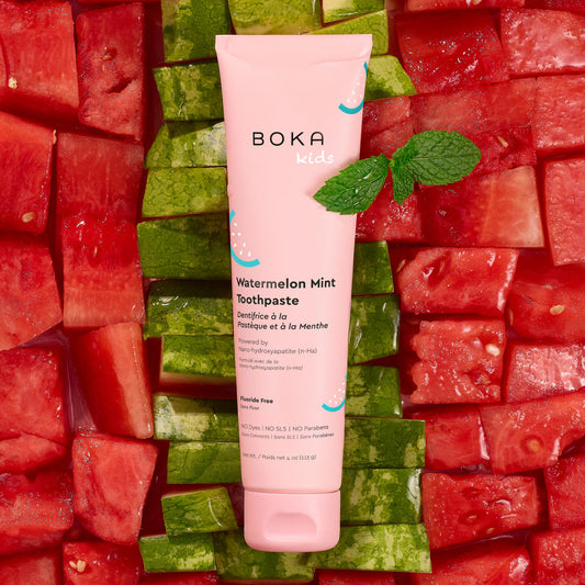 Close-up of Boka toothpaste tube Watermelon Mint