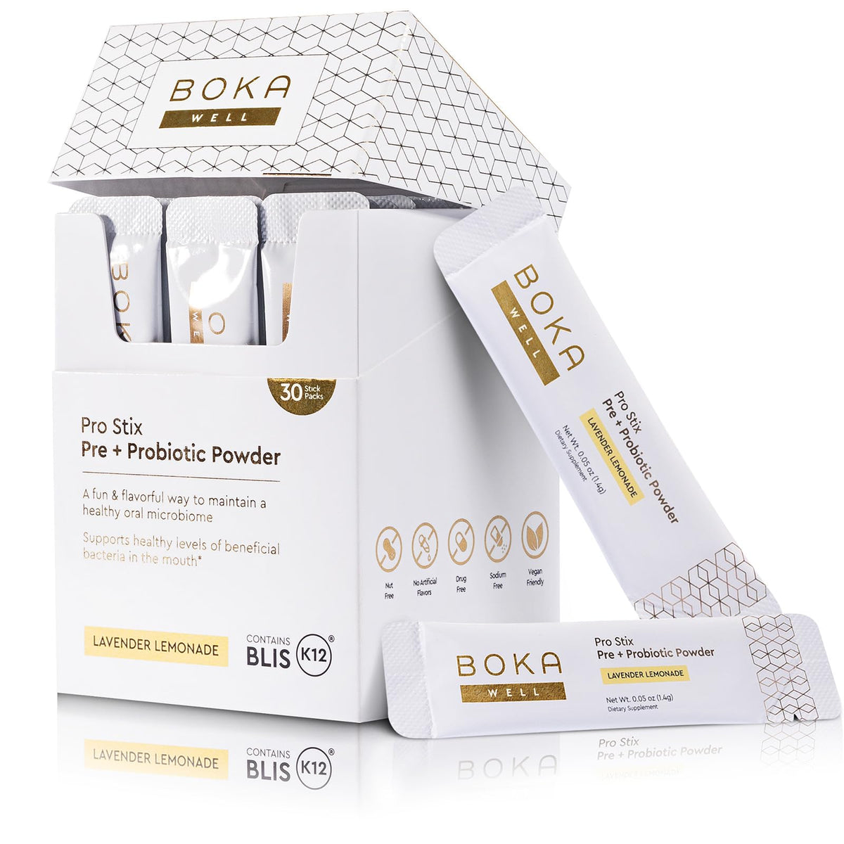 Boka Pro Stix 30-count box with Lemonade Lavender flavor packaging