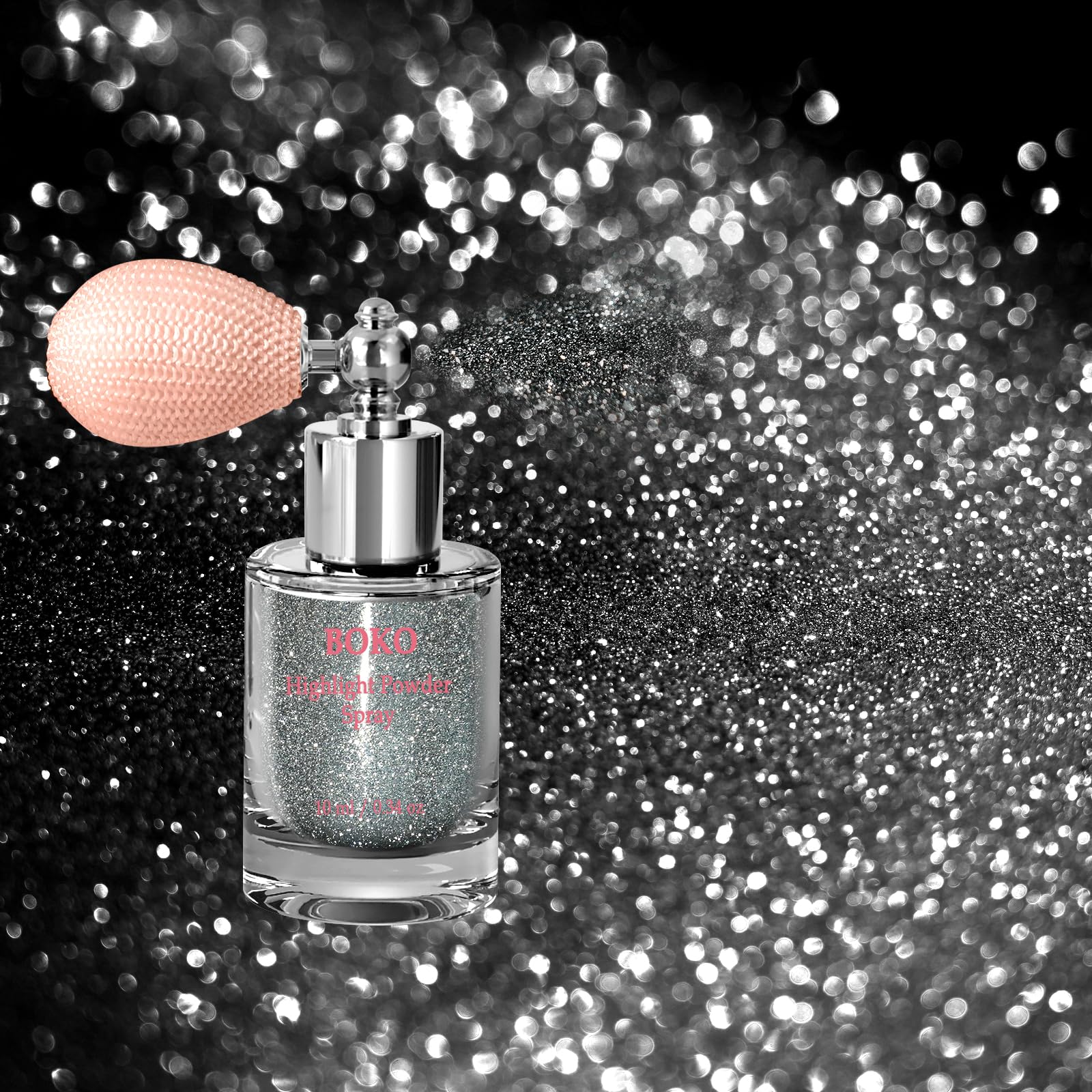 Boko Body Glitter Spray bottle glistens for shimmering skin and easy portability