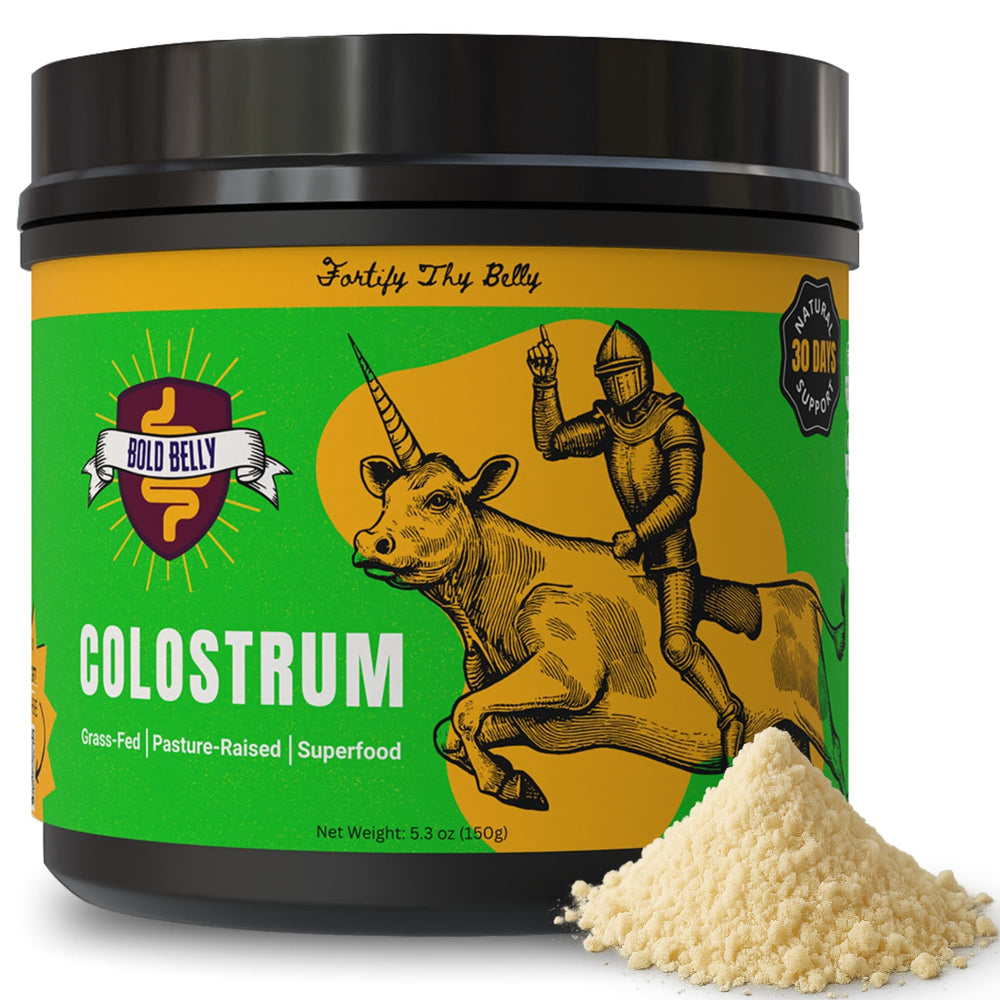 Bold Belly Colostrum powder in a 5.3 oz jar from grass-fed USA cows