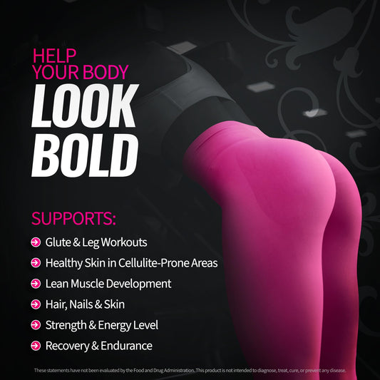 Close-up of supplement scoop showing 5 g creatine and 2.5 g collagen