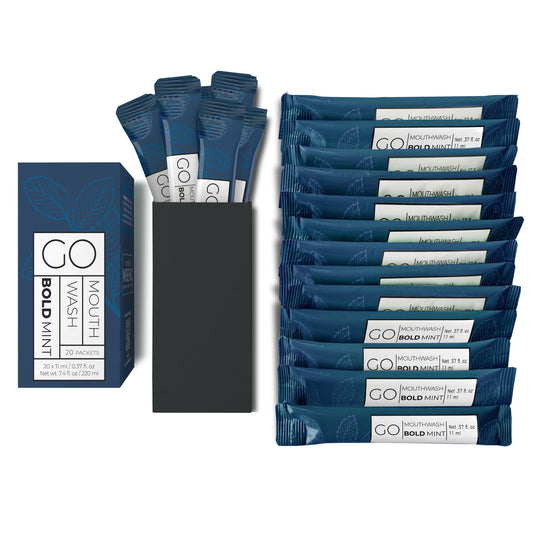 Bold Mint GO travel mouthwash packets – compact packaging for on-the-go freshness