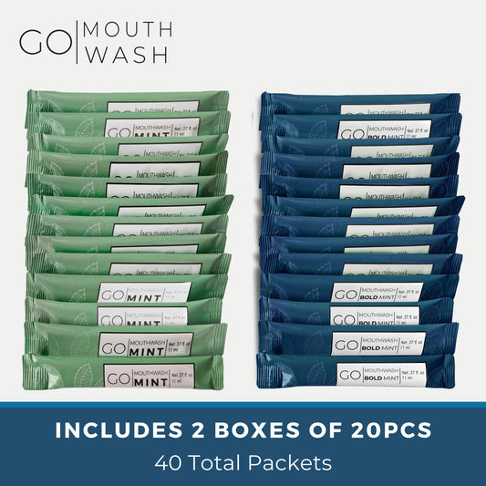 Display of two flavors: Mint and Bold Mint travel-size packets