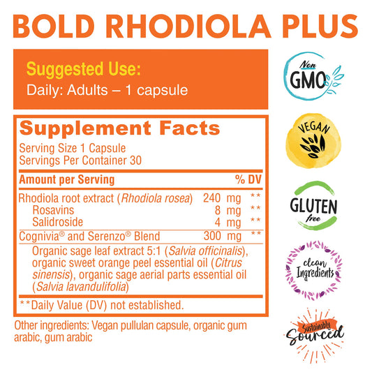Close-up of Bold Rhodiola Plus vegan capsules