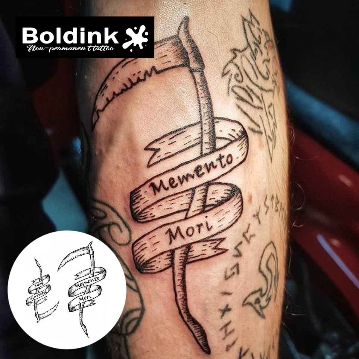 Boldink Death Scythe tattoo being applied for quick body art.