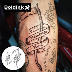 Boldink Death Scythe tattoo being applied for quick body art.