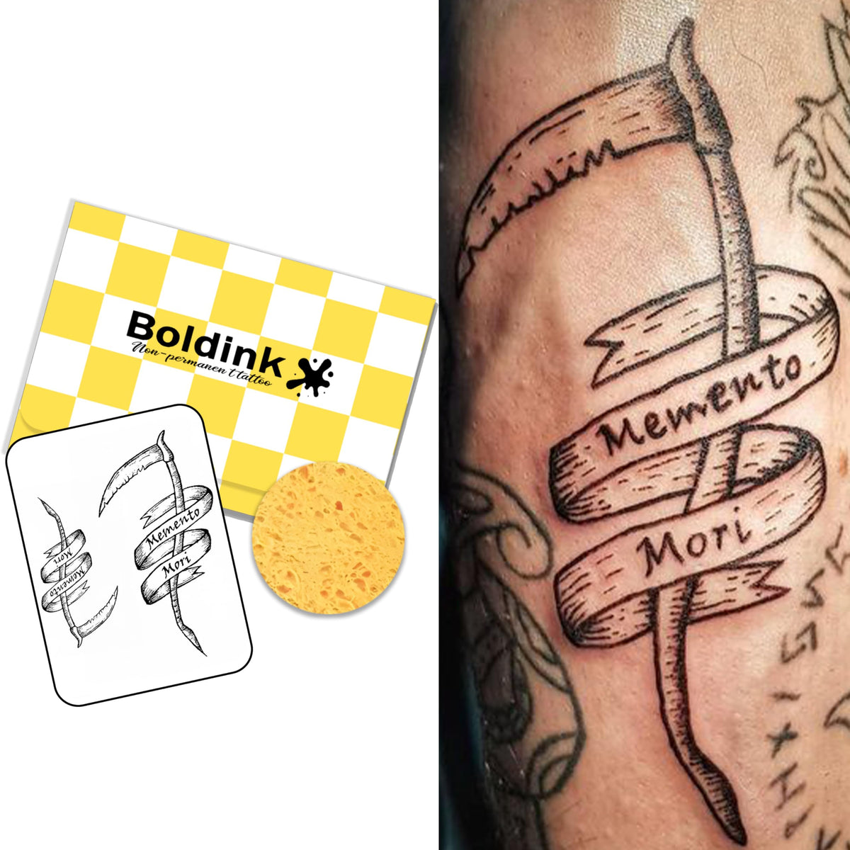 Boldink Death Scythe tattoo packaging, gift-ready presentation.