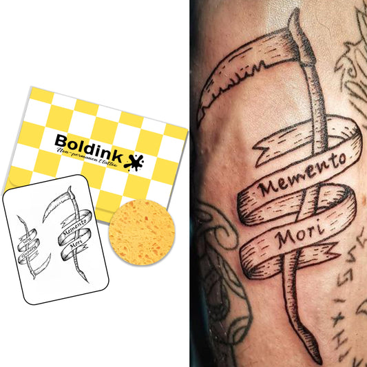 Boldink Death Scythe tattoo packaging, gift-ready presentation.