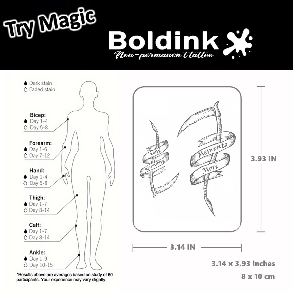 Boldink Death Scythe tattoo waterproof wear at events.