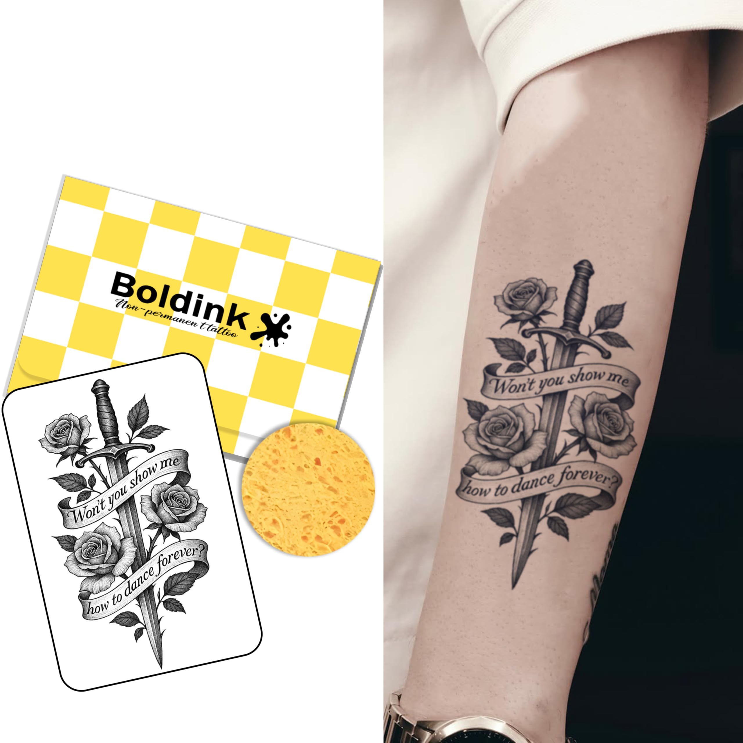 Boldink holy sword and rose tattoo design for stylish skin adornment.