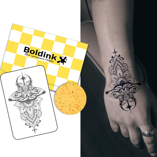 Boldink Moon Moth tattoo design on skin, waterproof and long lasting.