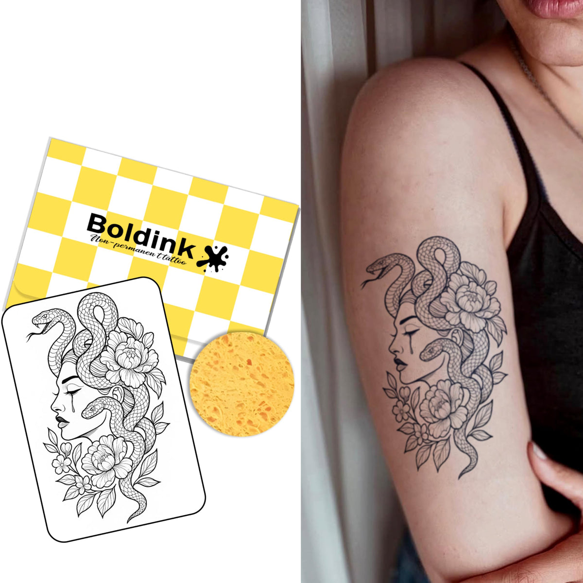 Boldink Weeping Woman with Snake tattoo design, waterproof and long-lasting for daily wear.