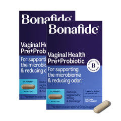 Bonafide Clairvee bottle packaging demonstrates clinical-grade vaginal probiotic for daily relief