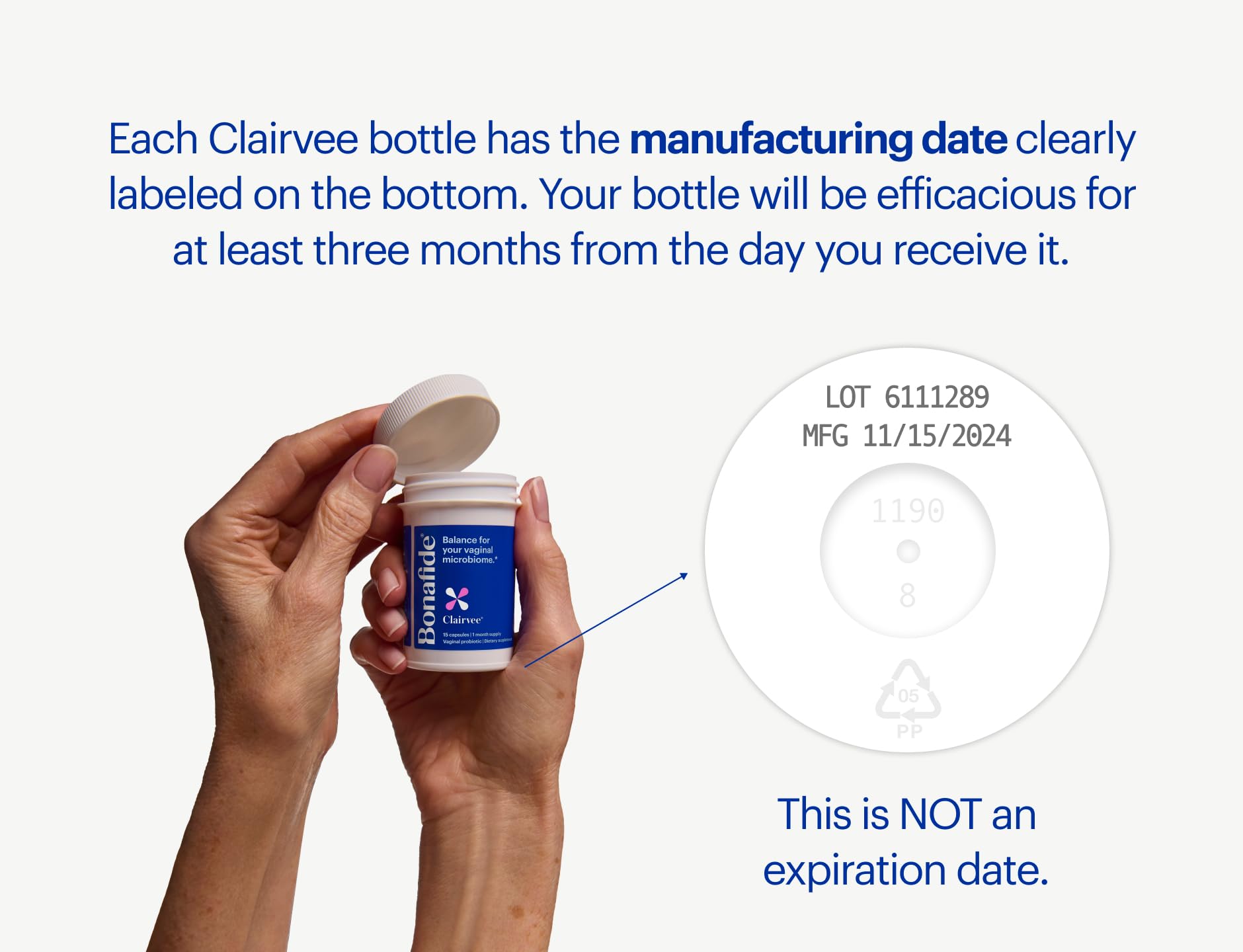 Bonafide Clairvee capsules closeup highlights small, convenient probiotic for itching and discharge support