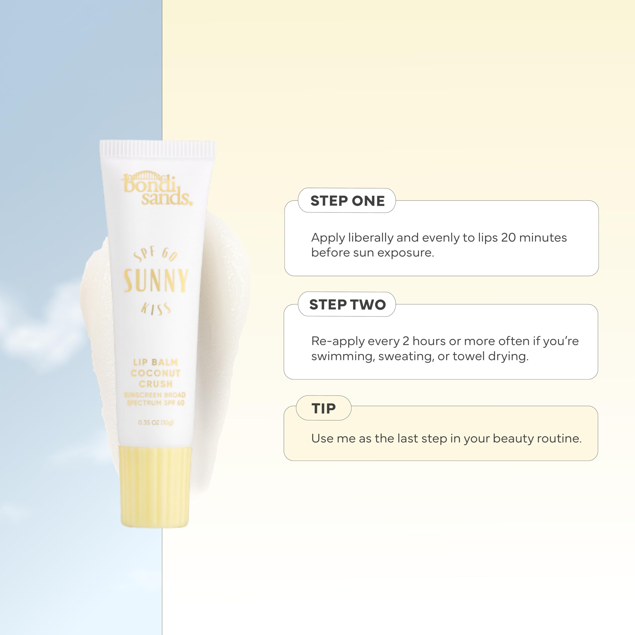 Bondi Sands SPF 60 lip balm on beach setting communicates long-lasting hydration.