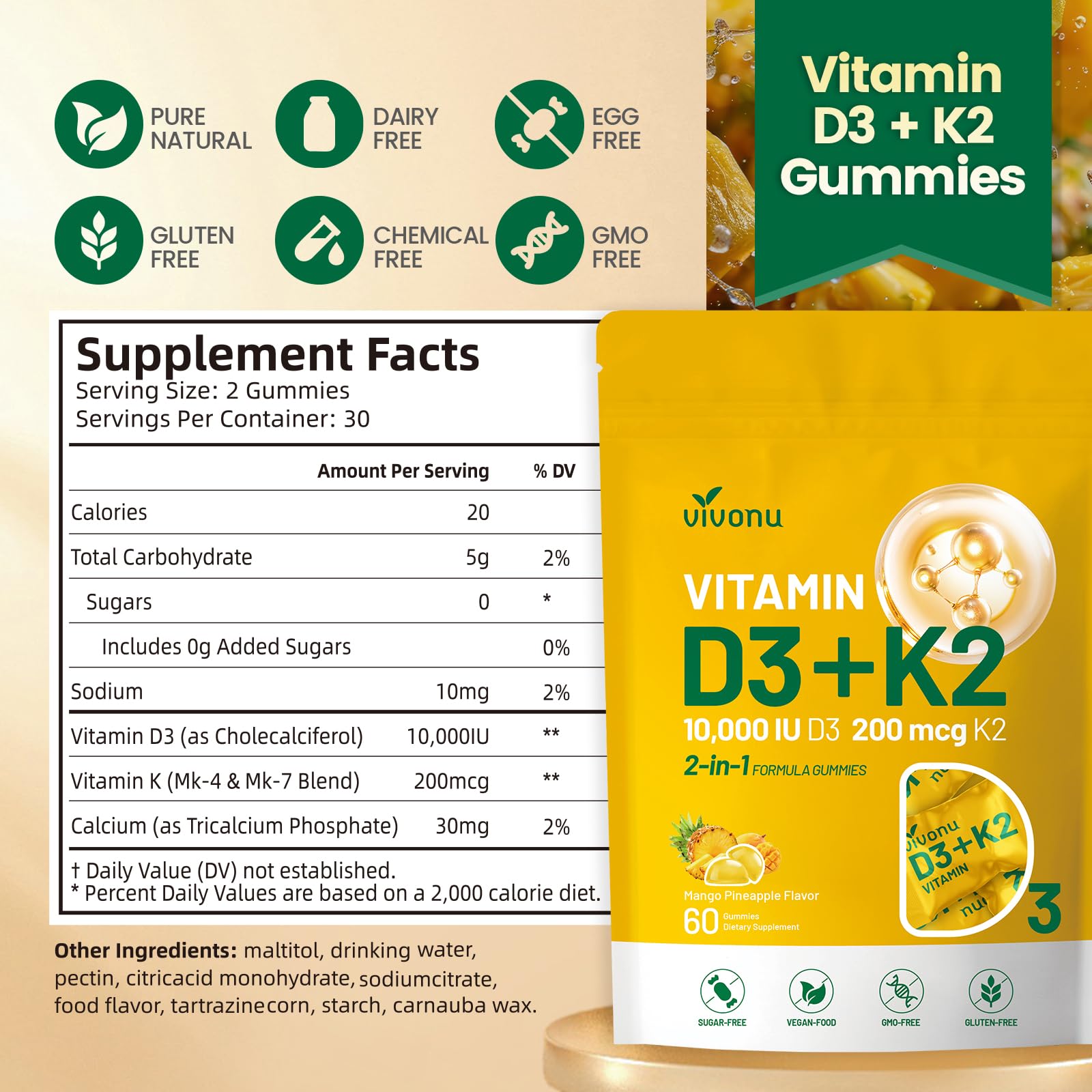 Graphic illustrating bone, immune, and heart health benefits of D3 + K2