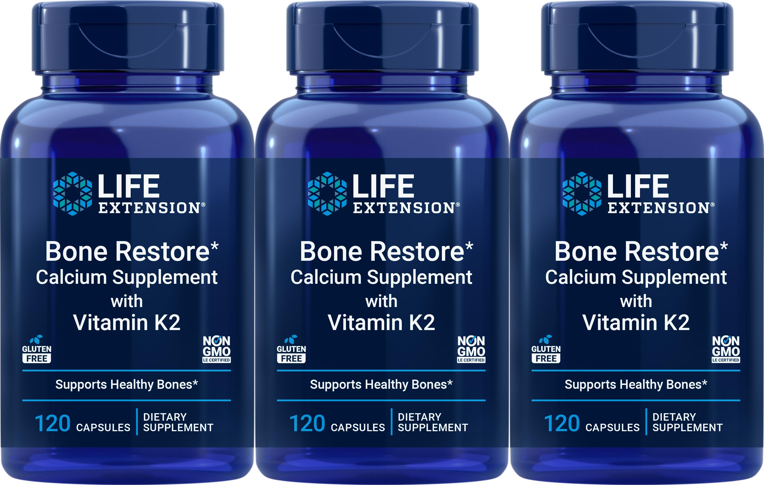 Front view of Life Extension Bone Restore Calcium with Vitamin K2 bottle showing 120 capsules (Pack of 3)