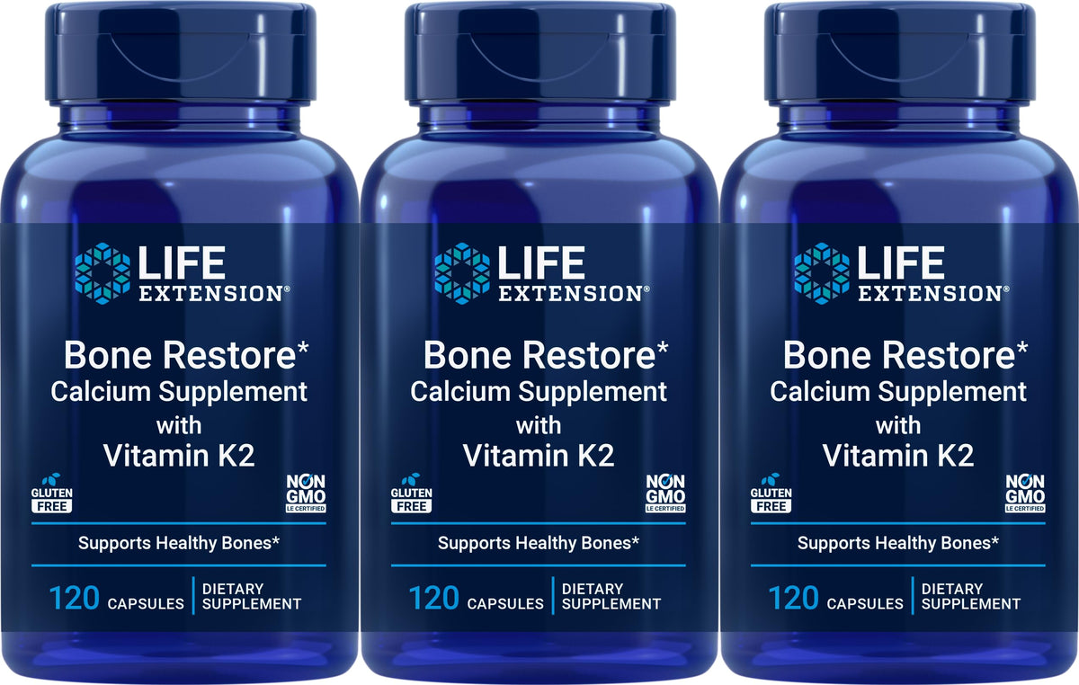 Front view of Life Extension Bone Restore Calcium with Vitamin K2 bottle showing 120 capsules (Pack of 3)