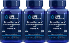 Front view of Life Extension Bone Restore Calcium with Vitamin K2 bottle showing 120 capsules (Pack of 3)