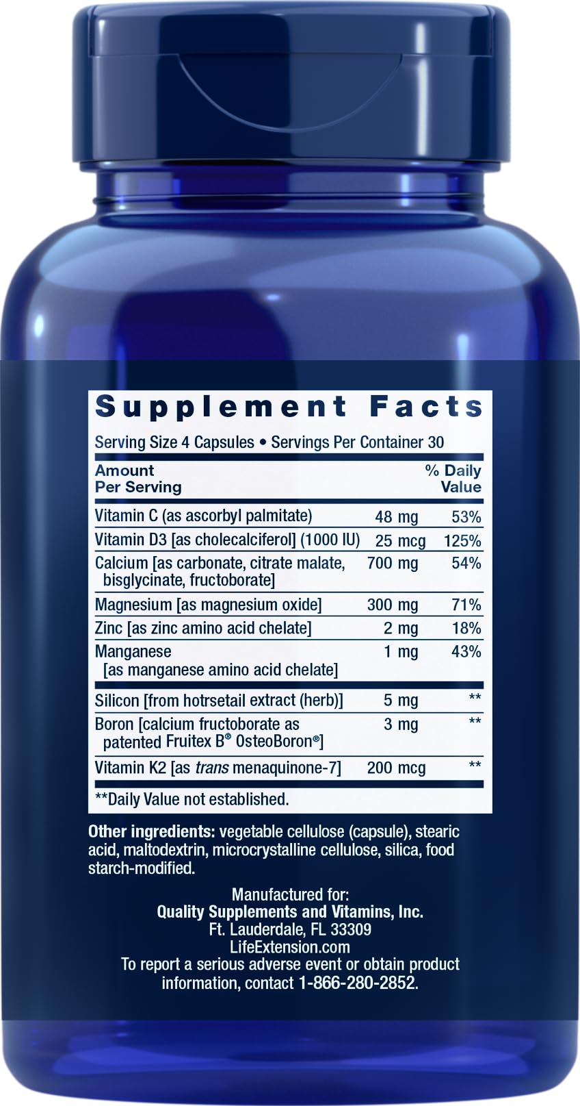 Back/label view of Life Extension Bone Restore Calcium with Vitamin K2 120 capsules Pack of 3 showing ingredients and COA