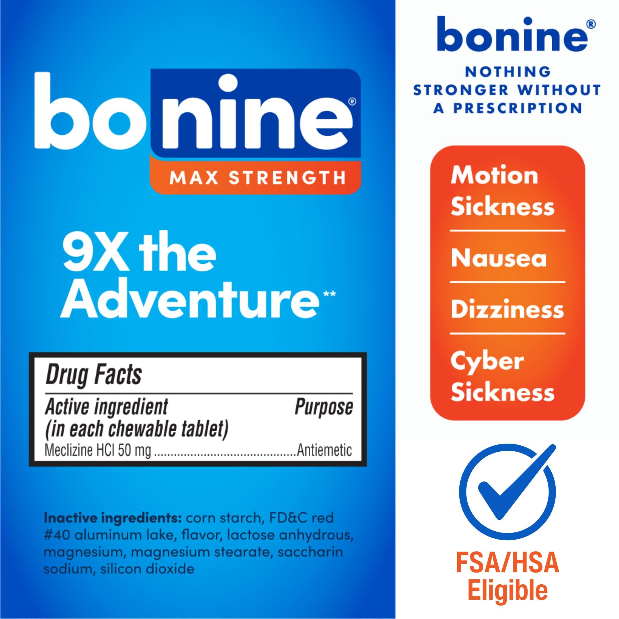 Bonine Max chewable closeup, mint flavor—easy relief on the go