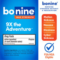 Bonine Max chewable closeup, mint flavor—easy relief on the go