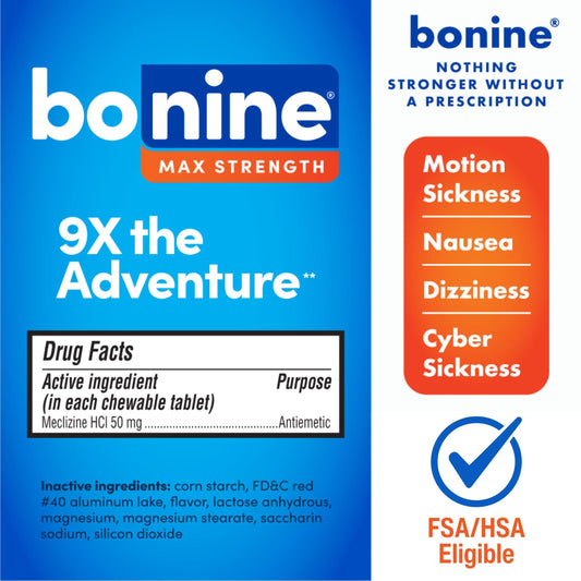 Bonine Max chewable closeup, mint flavor—easy relief on the go