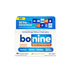 Bonine Max packaging front, portable motion sickness relief