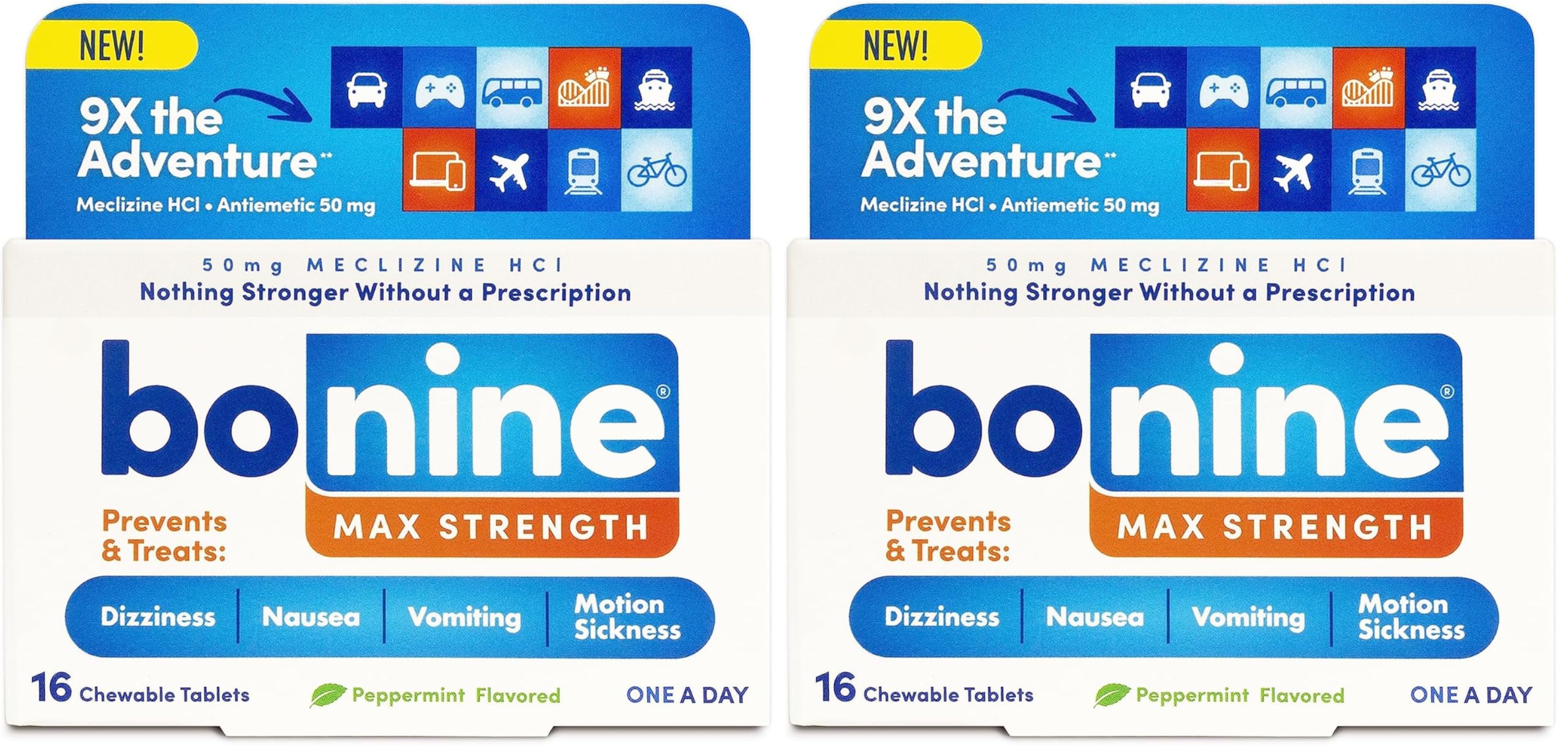 Bonine Max chewable peppermint tablets pack for portable motion relief during travel.