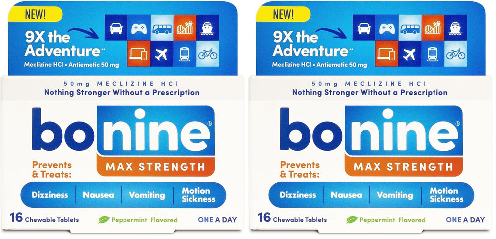 Bonine Max chewable peppermint tablets pack for portable motion relief during travel.