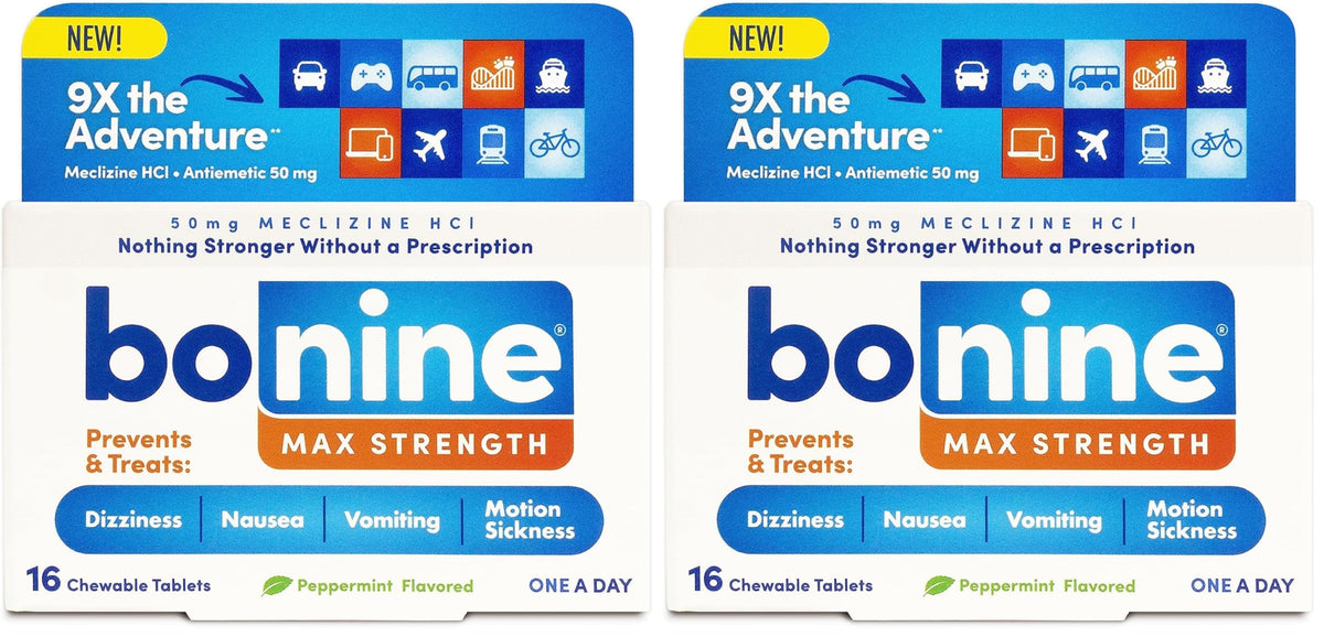 Bonine Max chewable peppermint tablets pack for portable motion relief during travel.