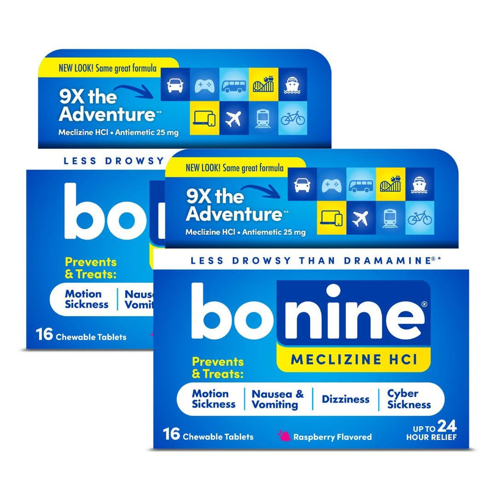 Bonine non-drowsy raspberry chewables bottle for 24-hour motion sickness relief