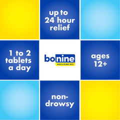 Bonine open bottle image emphasizes ready-to-use, water-free chewables.