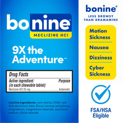 Bonine raspberry flavor chewable close-up highlights non-drowsy relief.