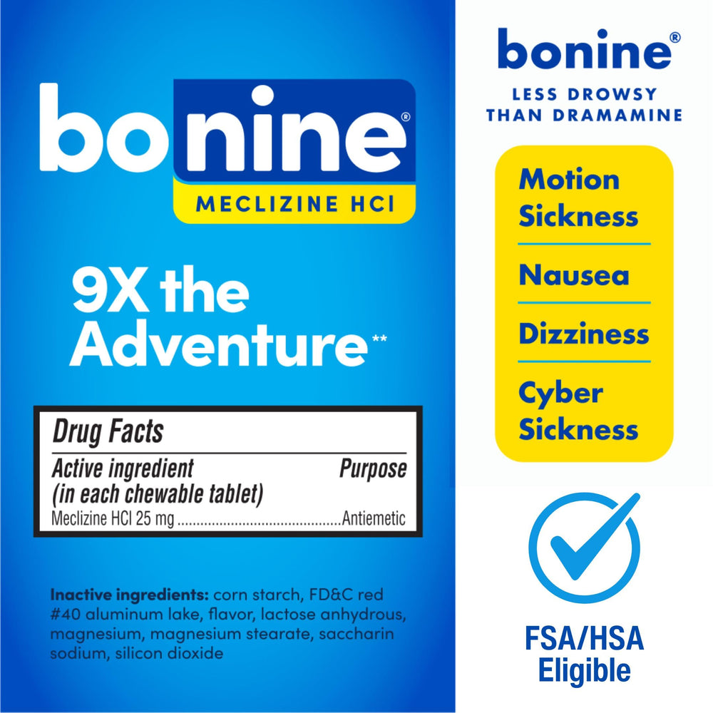 Bonine raspberry flavor chewable close-up highlights non-drowsy relief.