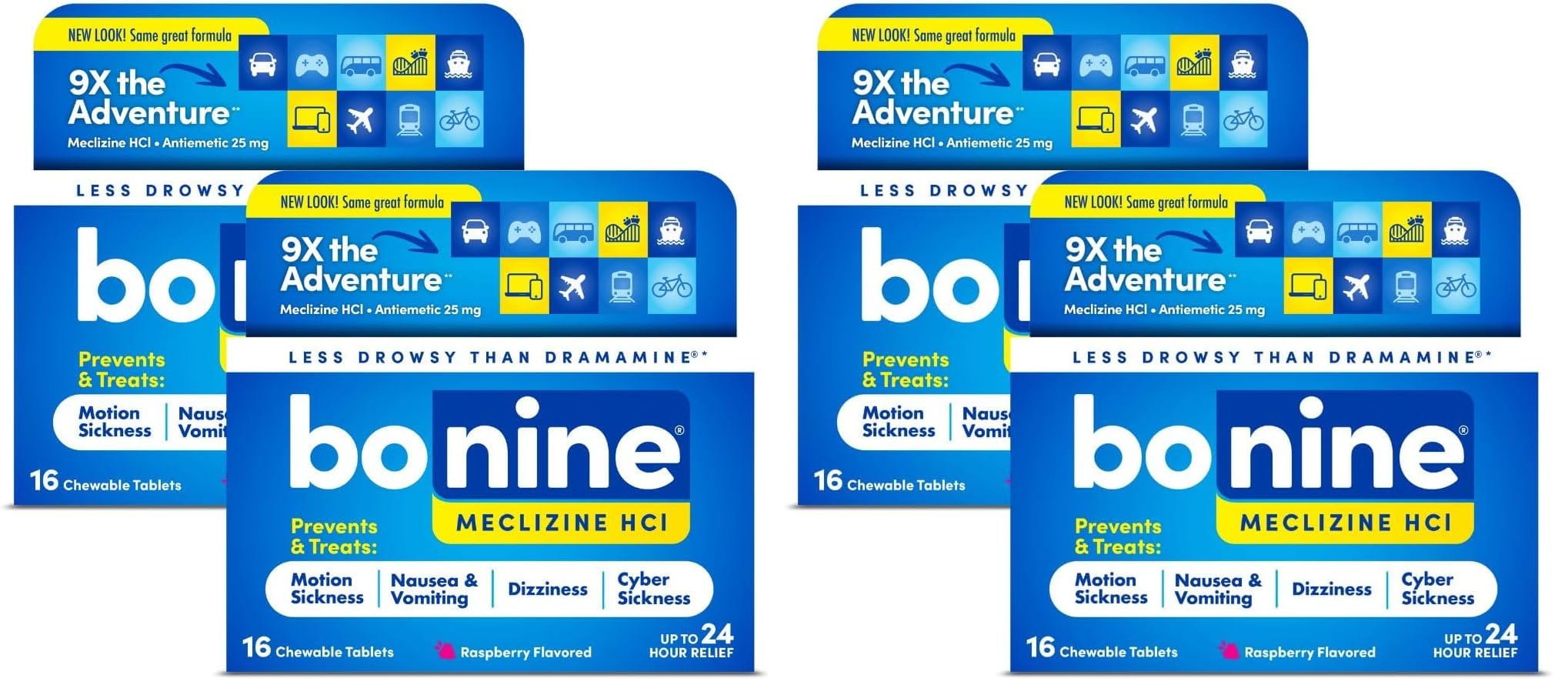 Bonine raspberry chewables pack shows convenient motion sickness relief on the go.