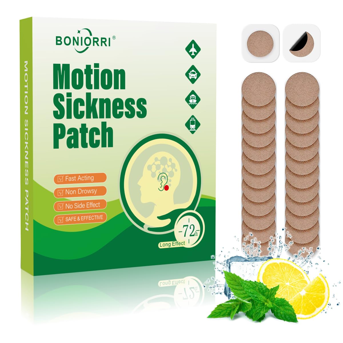 BONIORRI Motion Patches behind ear provide non-drowsy travel relief.