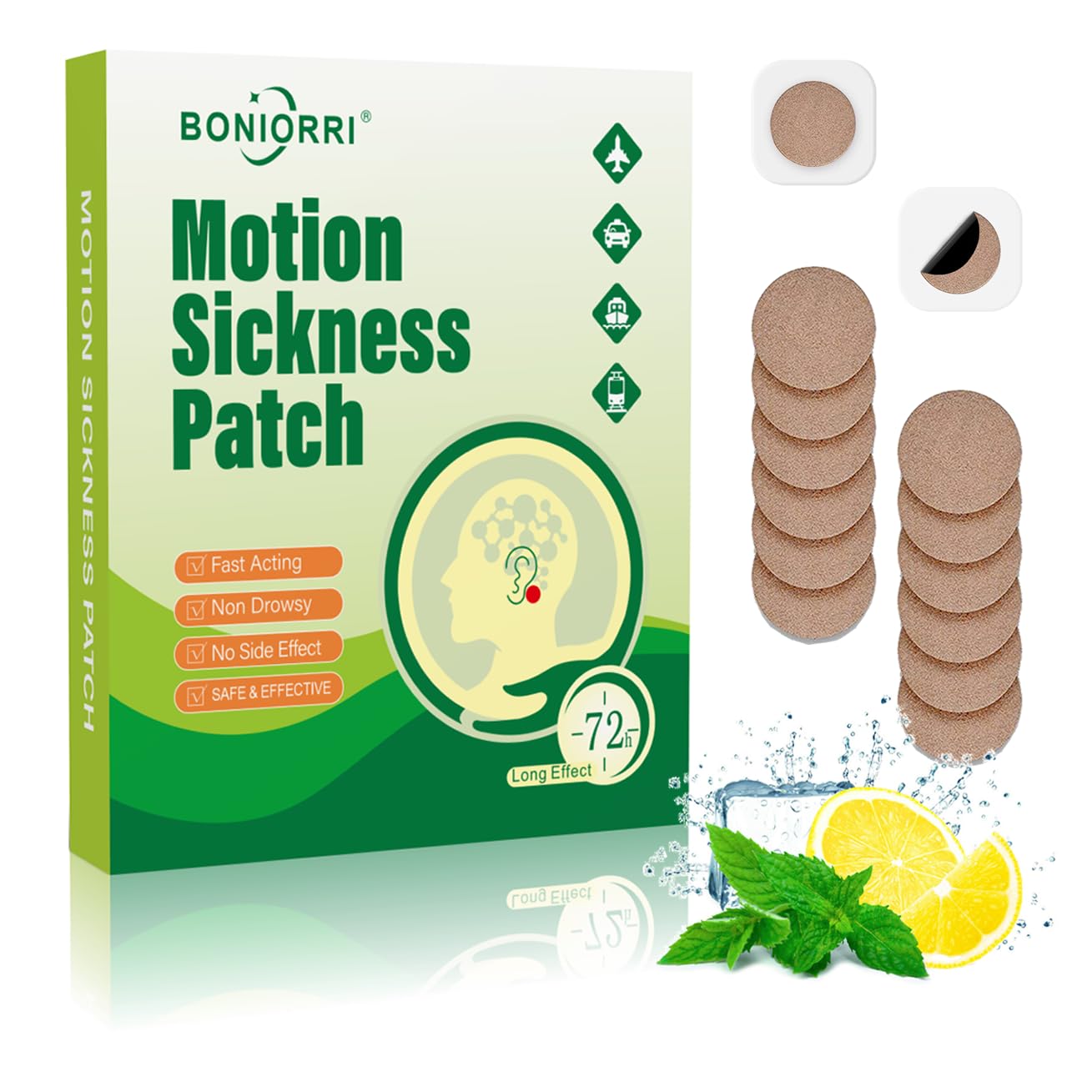 BONIORRI Motion Sickness Patches packfront for travel-friendly packaging