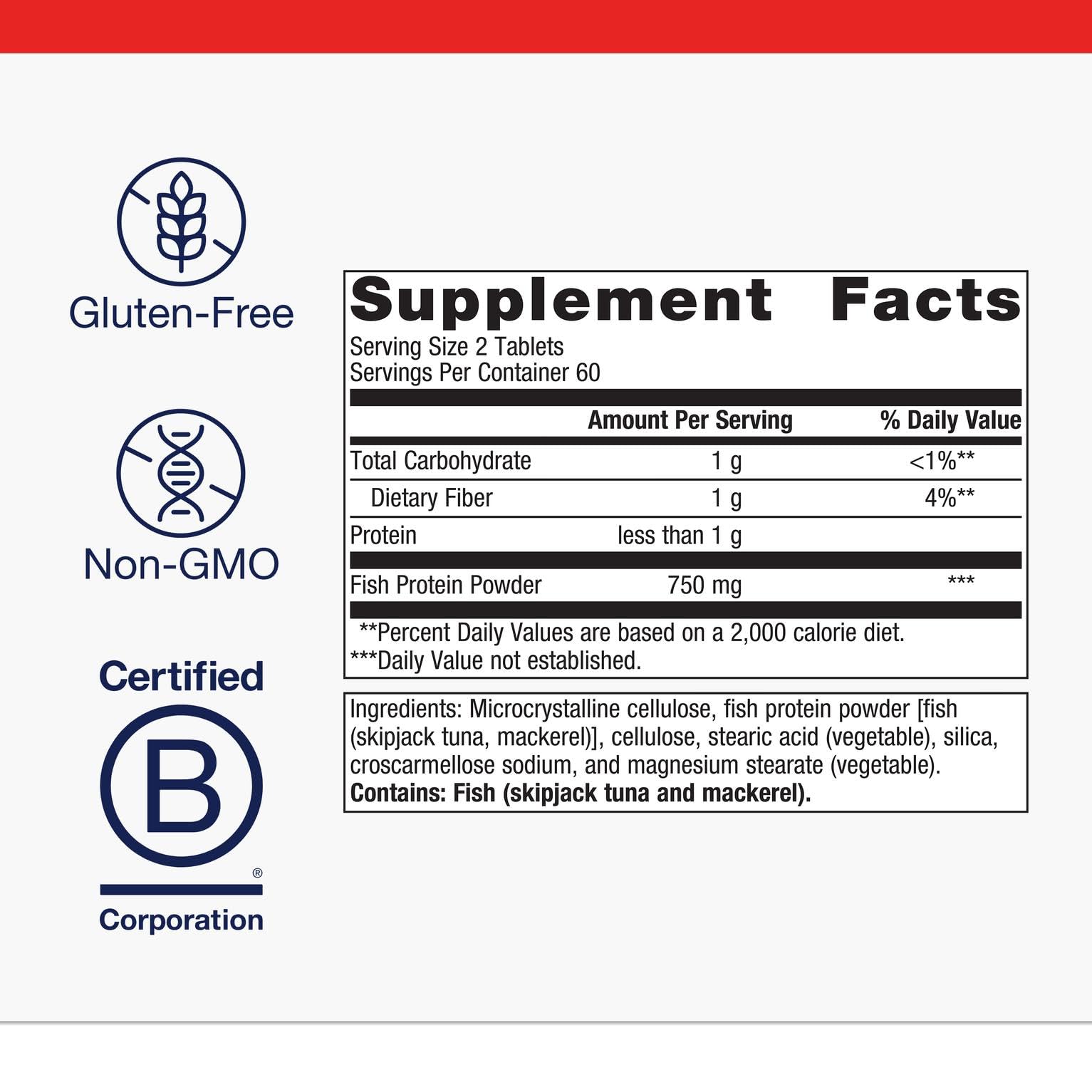 Label highlighting 750 mg bonito fish protein peptides per serving