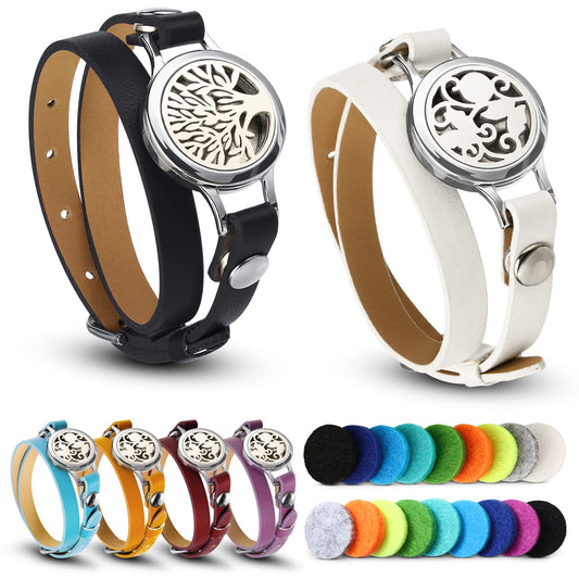 Bonuci diffuser bracelet with black leather band and stainless steel locket