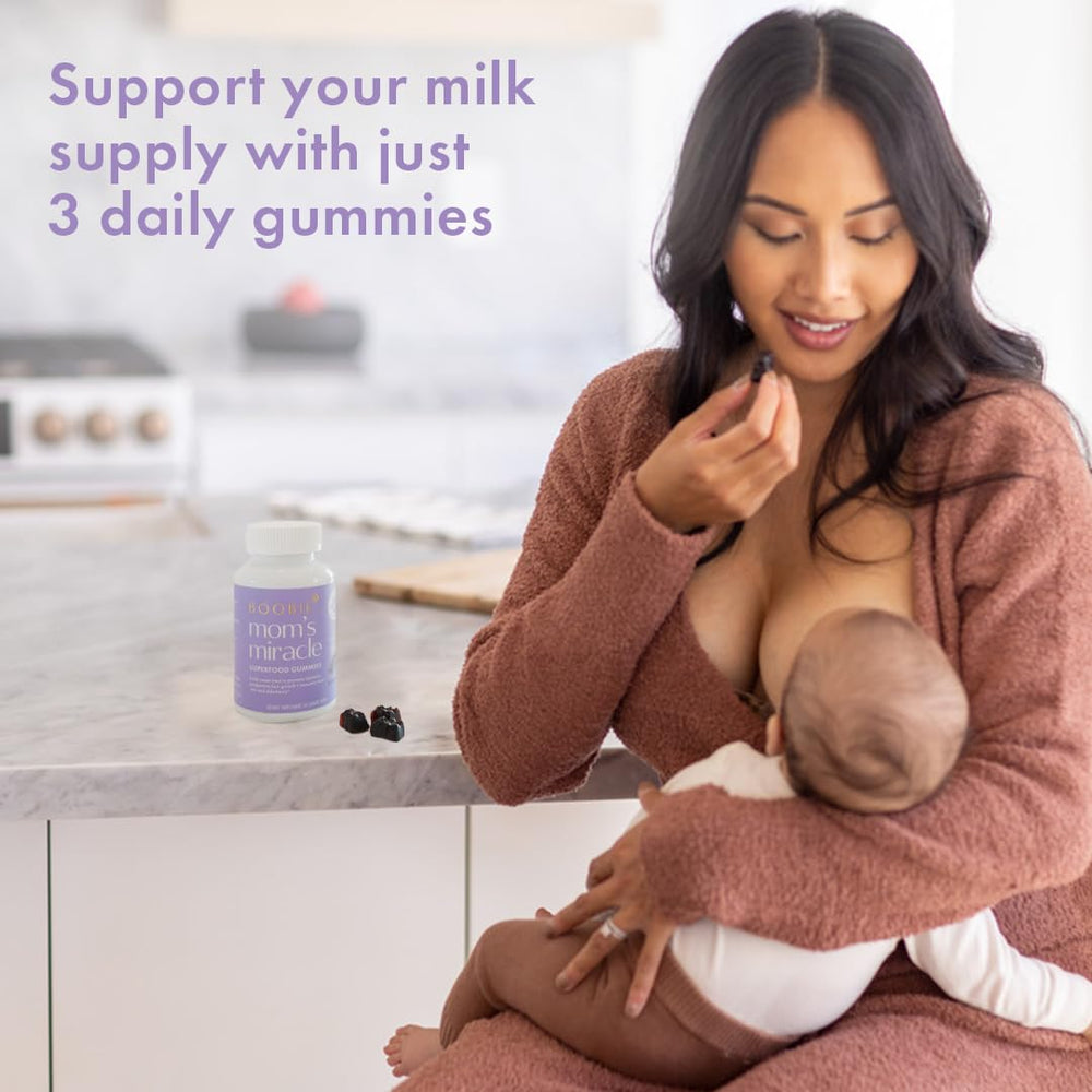 Mom with baby and Boobie Bears gummies nearby