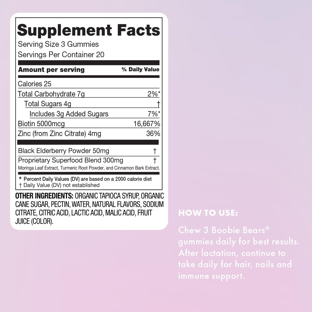 Boobie Bears Lactation Gummies 120 count packaging side view