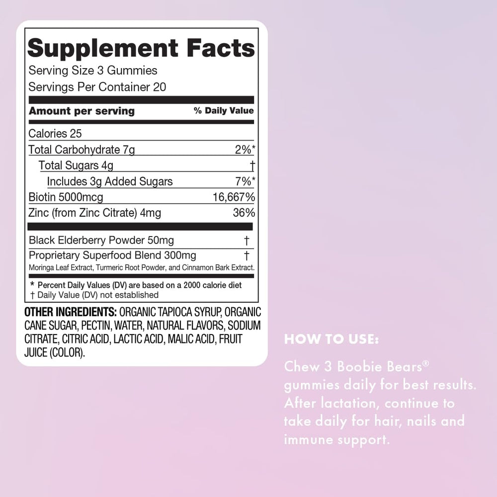 Boobie Bears Lactation Gummies 120 count packaging side view