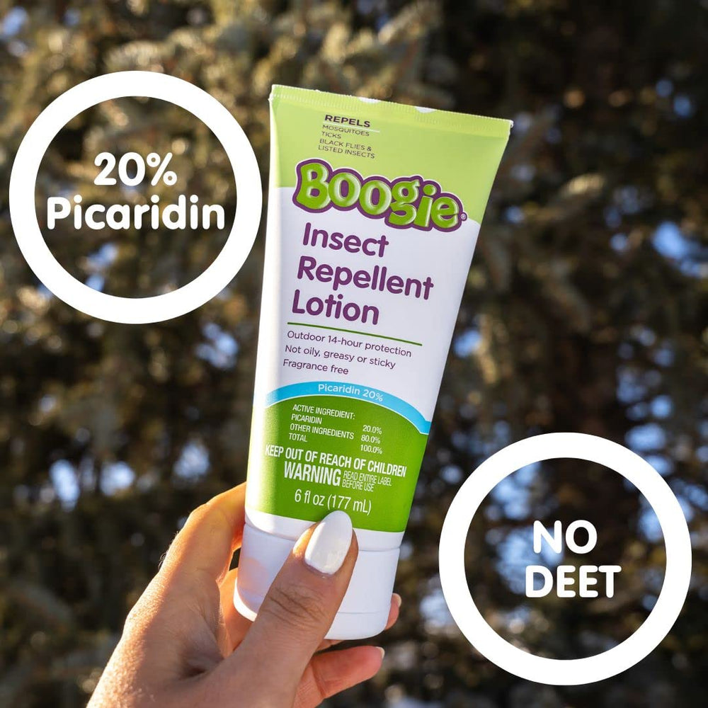 Boogie Insect Repellent Lotion packaging closeup communicates safe DEET-free option for families