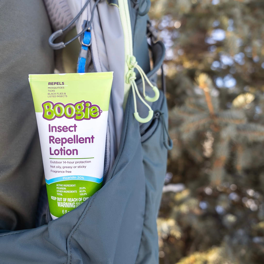 Boogie Insect Repellent Lotion 6-ounce bottle shown for everyday travel and backyard outings