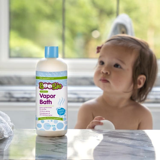 Close-up of Boogie Kids Botanical Bubble Bath bottle